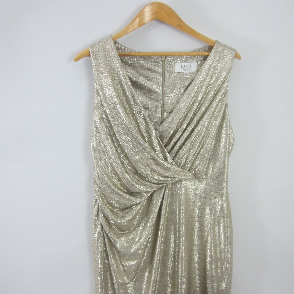 DR Collection Womens 14 Gold Metallic Sleeveless V Neck Drapey Knit Dress XL